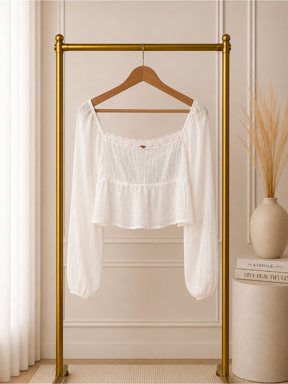 🔴 White Peasant Blouse with Pink Trim